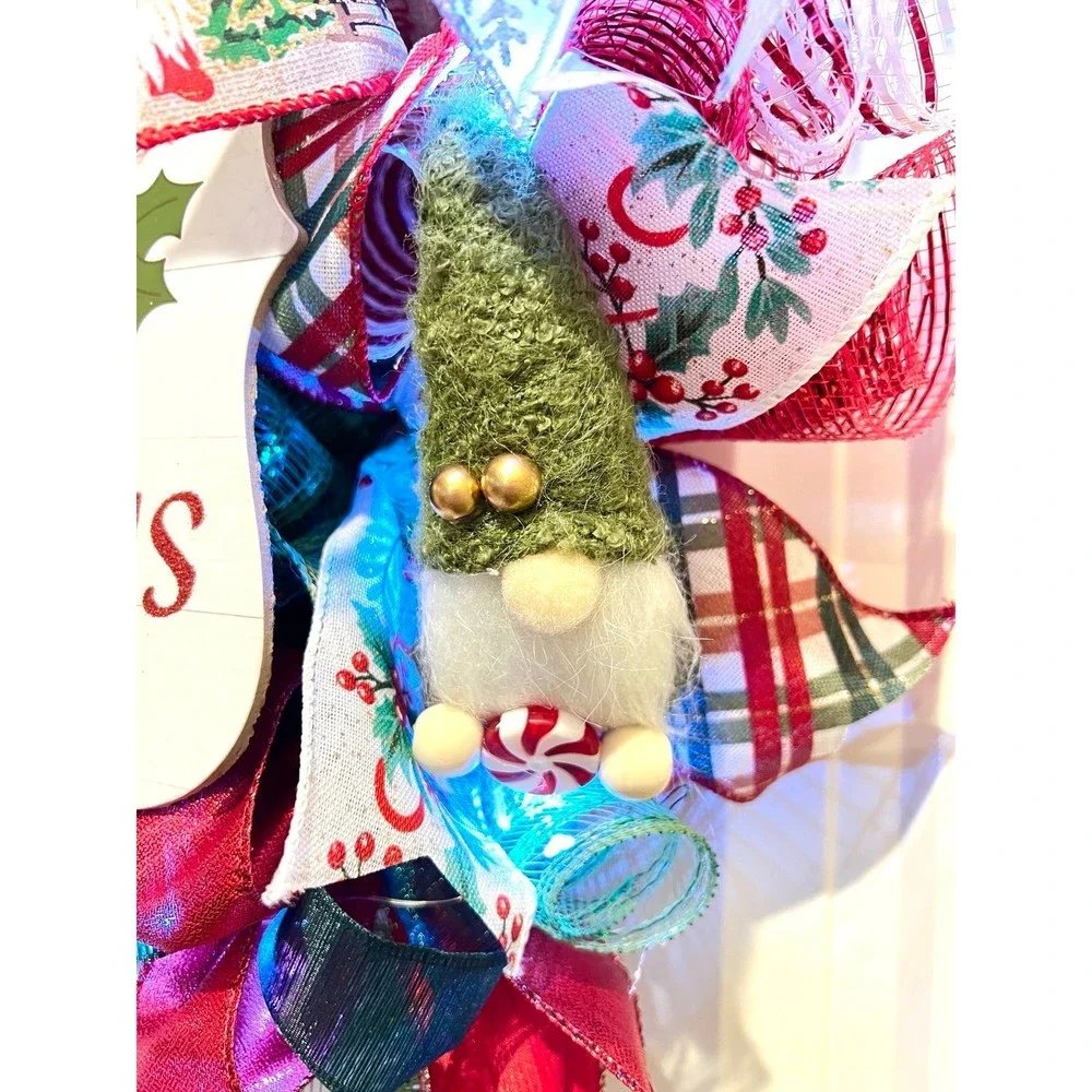 Handmade Christmas Gnome for the Holidays Ribbon Door Wreath 22 ins LED W36